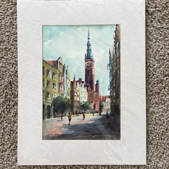 Water color of a European Bell Tower and Street picture wrapped in clear cover - Picture 5 of 10